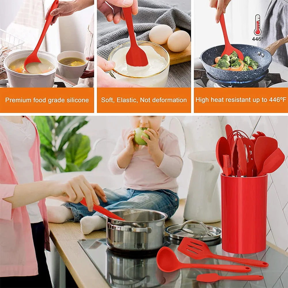14 Pcs Cooking Utensils Set with Holder, Heat Resistant Silicone Kitchen Cookware Utensils Set, Kitchen Cooking Tools Includes Spatula Spoon Turner Whisk Tong, Dishwasher Safe, Red