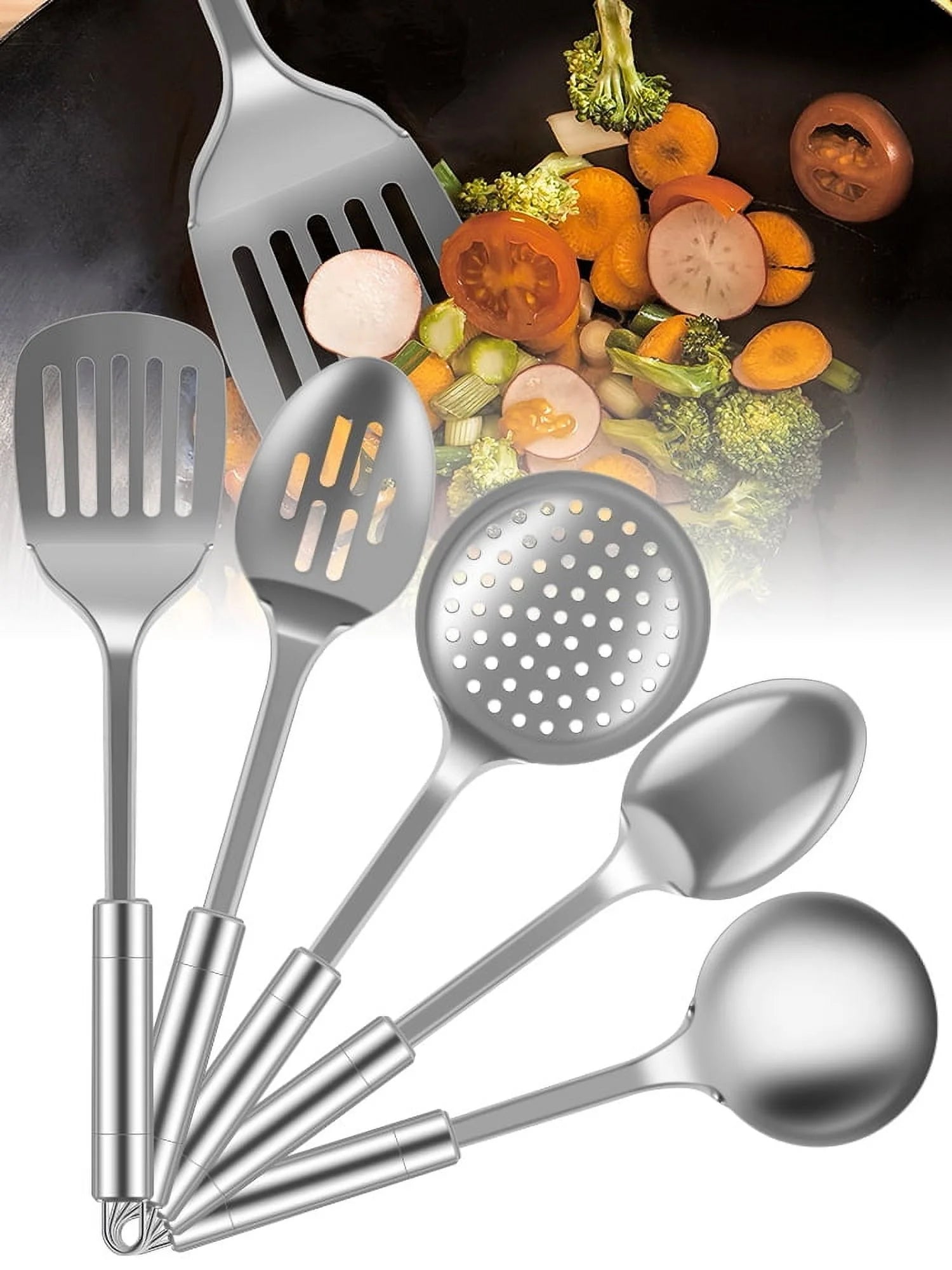 5Pcs Metal Stainless Steel Utensil for Cooking Kitchen Cooking Utensils Set Kitchen Gadgets Tools Set Spoons Spatula Sets with Ergonomic Handle Hanging Hole Reusable