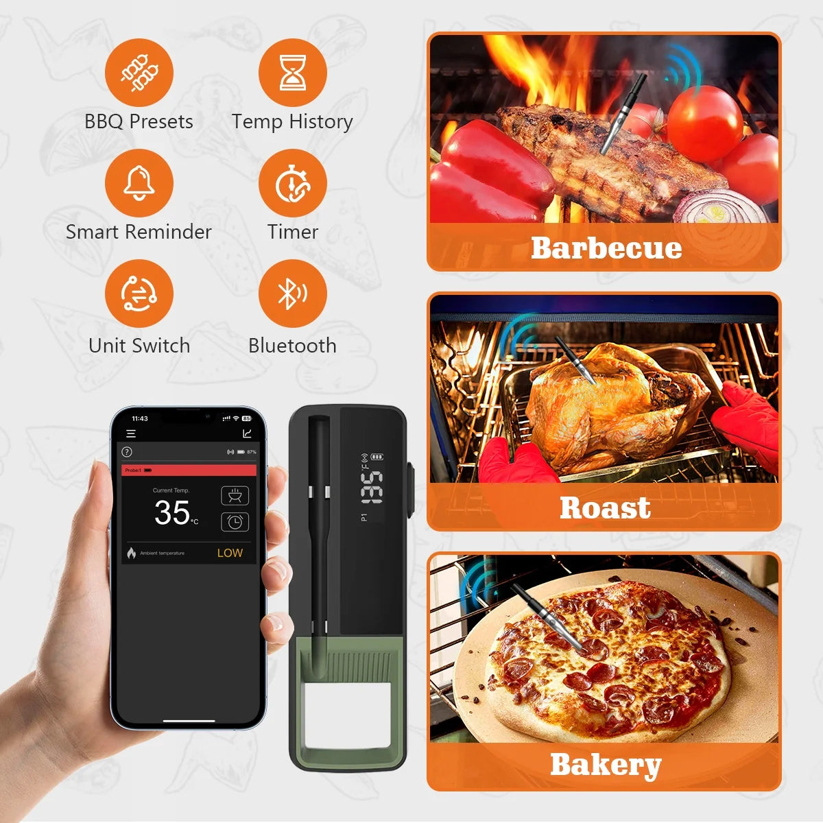 Upgrade Wireless Smart Meat Thermometer Probe Bluetooth Meat Thermo