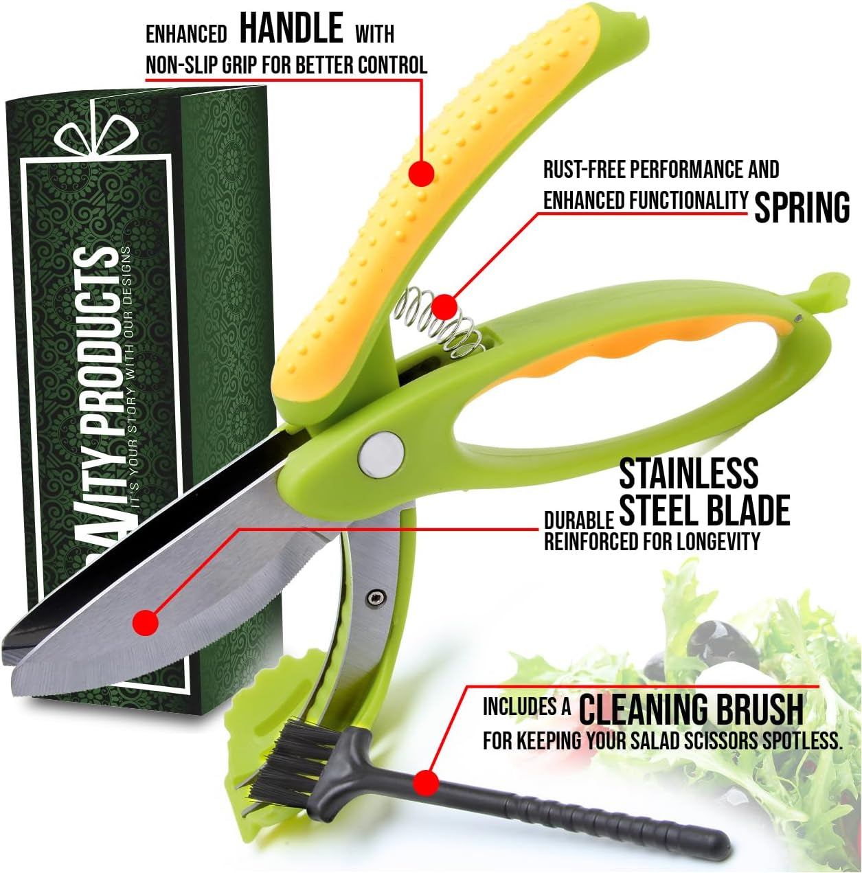 Salad Scissors - 2-In-1 Food Chopper and Kitchen Shears for Easy Salad Making, Vegetables, Meat & More - Ergonomic Handle, Stainless Steel Blades