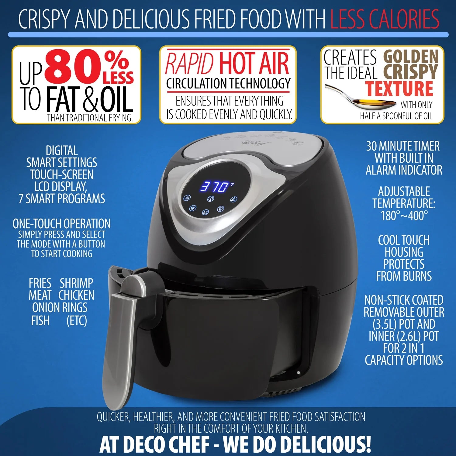 3.7 QT Personal Digital Air Fryer, 7 One-Touch Cooking Programs, Time and Temperature Controls, Dual Non-Stick Baskets, 1300W, Black