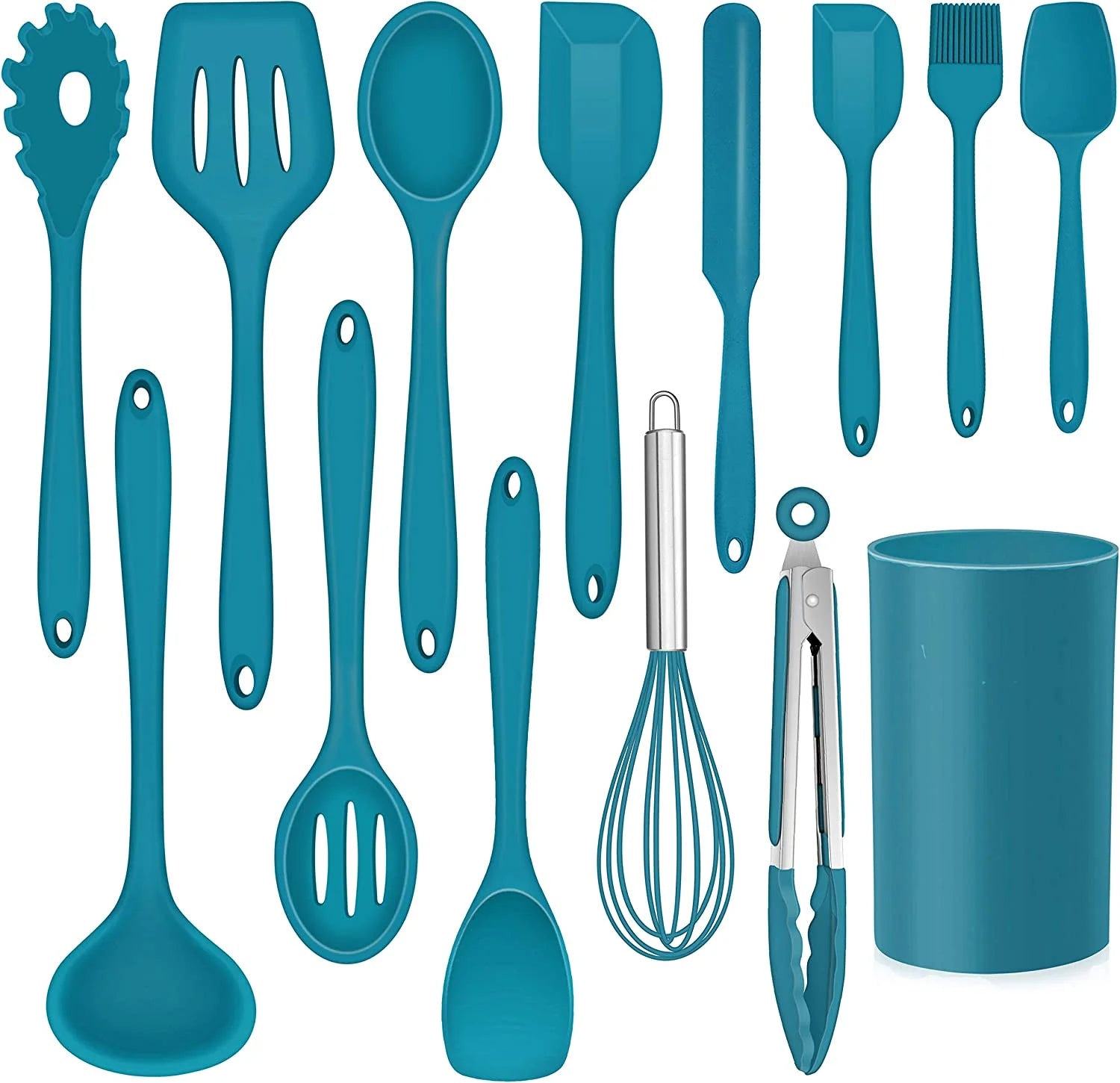 14-Piece Heat-Resistant Silicone Cooking Utensils Set with Holder - Includes Spatula, Spoon, Turner, Whisk, and Tongs in Blue