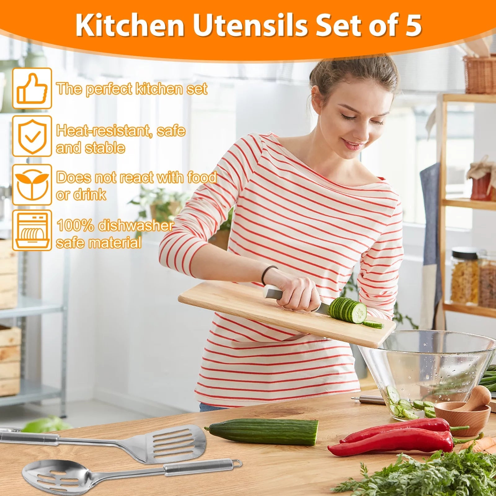 5Pcs Metal Stainless Steel Utensil for Cooking Kitchen Cooking Utensils Set Kitchen Gadgets Tools Set Spoons Spatula Sets with Ergonomic Handle Hanging Hole Reusable