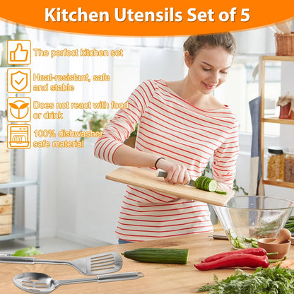 5Pcs Metal Stainless Steel Utensil for Cooking Kitchen Cooking Utensils Set Kitchen Gadgets Tools Set Spoons Spatula Sets with Ergonomic Handle Hanging Hole Reusable