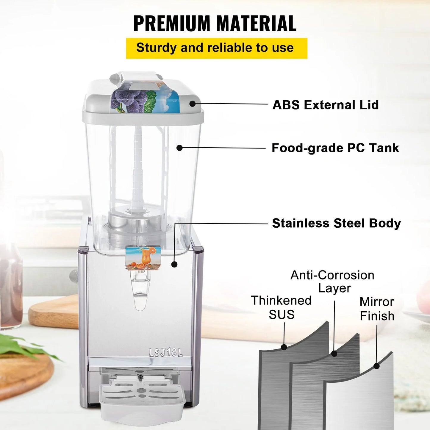 VEVOR Commercial Beverage Dispenser, 4.8 Gallon 1 Tank Cold Beverage Dispenser, 200W Food Grade Material Stainless Steel Commercial Juice Dispenser with Thermostat Controller for Cold Drink