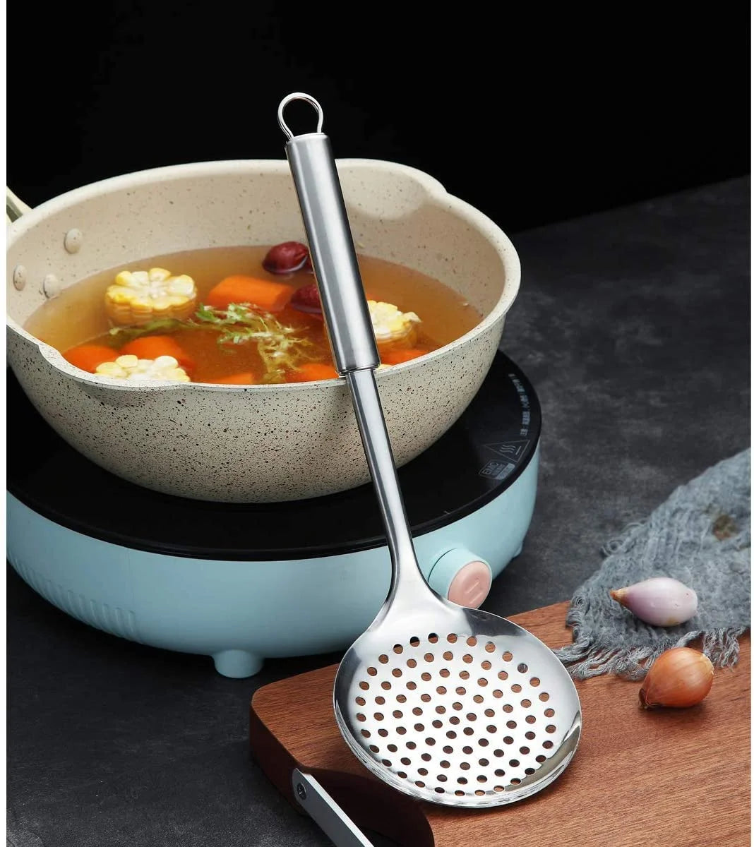 Kitchen Skimmer, Stainless Steel Strainer Spoon, Metal Slotted Cooking Skimmer for Cooking