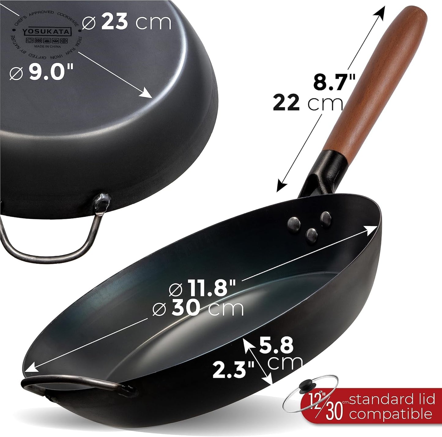Coating Free Carbon Steel Pan 11.8 Inch Stir Frying Pan with Removable