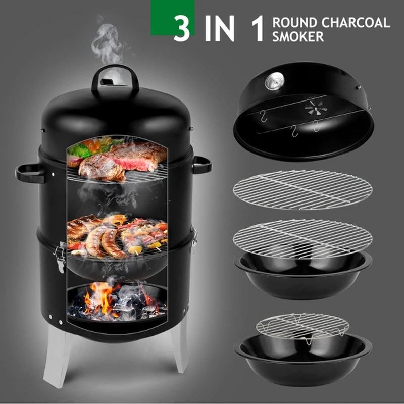 Vertical Charcoal BBQ Smoker - 3-in-1 16" Round Barbecue Grill with Dual Cooking Areas and Integrated Thermometer for Outdoor Camping, Picnics, and Backyard Cooking, Black